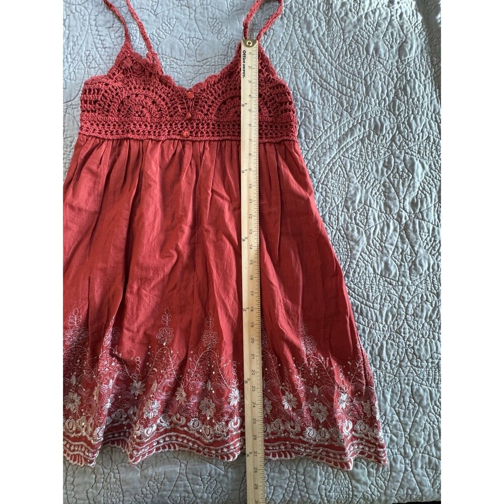 Boho Crochet Babydoll Dress Red Embroidered Sequin Hippie Festival Cotton Sz M - Picture 8 of 8